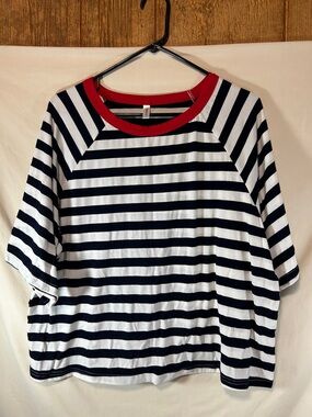 Dokotoo Woman’s Patriotic Striped Navy and White Tee with Red Neckline
